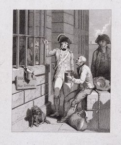 "Vieläkauppa: Tom & Jerry vierailemassa Logicilla Fleetin laivalla", Fleet Prison, Lontoo, 1821 tekijältä George Cruikshank
