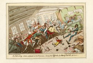 Mielenkiintoinen kohtaus itä-intialaisella laivalla, jossa näkyy voimakkaan laahuksen vaikutukset, julkaisu 1818 (värillinen etsaus). tekijältä George Cruikshank