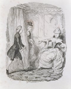 Lady Bellastonin hankala tilanne, "Tom Jones, Löytäjän historia", taiteilijan kaiverrus, kuvitus teoksesta "The Works of Henry Fielding", pub. kirjoittanut Henry G. Bohn, 1853 tekijältä George Cruikshank