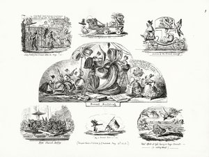 George Cruikshankin sarjakuvat, joiden aiheena on suurikokoiset naisten konepellit (kaiverrus) tekijältä George Cruikshank