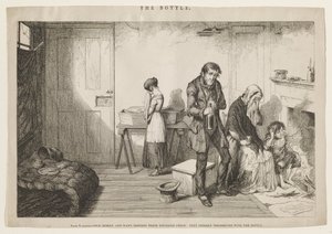 Kylmyys, kurjuus ja puute tuhoavat heidän nuorimman lapsensa: He lohduttautuvat pullolla. tekijältä George Cruikshank