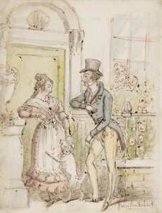 Kosiskelu, noin 1835 (kynä, sivellin, muste ja wc paperille). tekijältä George Cruikshank