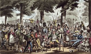 Dick Jenkins, Kapteeni, Lady Halibut ja Lydia nauttimassa oleskelutilasta Italian Boulevardilla, David Careyn teoksesta Life in Paris, julkaistu vuonna 1822 tekijältä George Cruikshank