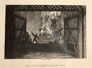 Elizabeth toi vangin Toweriin Lontoon Towerista, pubista. 1840 tekijältä George Cruikshank