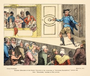 Elliston (Surrey Theatren johtaja) "Sylvester Daggerwoodin" hahmossa laulamassa kappaletta "Bonaparte", jonka on kirjoittanut Mr Lawler, pub. 1811 (käsinvärinen kaiverrus) tekijältä George Cruikshank