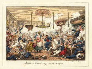 Englantilaiset merimiehet juomassa ja tanssimassa pubissa, Napoleonin aika, 1829 (litografia) tekijältä George Cruikshank