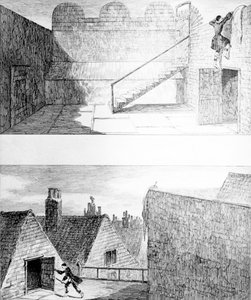 Escape nro 3, W. H. Ainsworthin kirjasta "Jack Sheppard", julkaistu 1839 tekijältä George Cruikshank