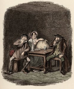 Fagin asioi Morris Bolterin eli Noe Claypolen ja Charlotten kanssa - Juutalainen ja Morris Bolter alkavat ymmärtää toisiaan - Kuvitus Charles Dickensin (1812-1870) teokseen "Oliver Twist" (Olivier) (The Adventures of Oliver Twist), jonka on suomentanut Geo tekijältä George Cruikshank