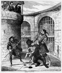 Gog irrottaa Xitin karhusta Lions Towerissa, 1840 tekijältä George Cruikshank