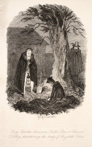 Guy Fawkes löysi tohtori Deen ja Edward Kelleyn erottelemassa Elizabeth Ortonin ruumista, kuvitus Guy Fawkesista tai Gunpowder Treason: an Historical Romance, kirjoittanut William Harrison Ainsworth, pu tekijältä George Cruikshank