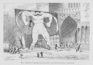 Klassisesti käsitelty Guy Fawkes, näytteillepaneva sarjakuva (kaiverrus) tekijältä George Cruikshank