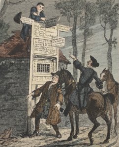 Jack Sheppard pakenee vankien häkistä, kuvitus Jack Sheppardista: William Harrison Ainsworthin romanssi, julkaistu 1839 (käsinvärinen etsaus) tekijältä George Cruikshank