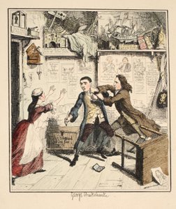 Jack Sheppard esittelee kostonhimoista hahmoa, kuvitus: William Harrison Ainsworthin Jack Sheppard: Romance, julkaistu 1839 (käsinvärinen etsaus) tekijältä George Cruikshank
