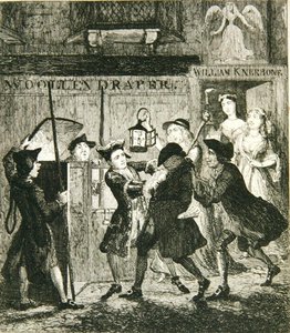 Jack Sheppard huijaa Shotbolt the Gaoleria, kuvitus William Harrison Ainsworthin julkaisusta "Jack Sheppard: A Romance", julkaistu 1839 (etsaus) tekijältä George Cruikshank