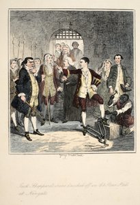 Jack Sheppardin raudat lyöty irti Newgaten kivisalissa, kuvitus Jack Sheppardilta: A Romance, William Harrison Ainsworth, julkaistu 1839 (käsin väritetty etsaus). tekijältä George Cruikshank
