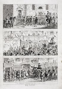 Jackin matka Newgatesta Tyburniin, kuvitus William Harrison Ainsworthin teoksesta "Jack Sheppard: A Romance", julkaistu 1839 tekijältä George Cruikshank