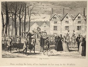 Jane tapasi aviomiehensä ruumiin matkalla rakennustelineille The Tower of London -pubista. 1840 tekijältä George Cruikshank