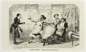 Tammikuu - Ilmoitus George Cruikshankin teräsetsauksista The Comic Almanacks -lehden sarjakuvakirjoihin: 1835-1853 tekijältä George Cruikshank