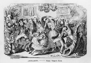 Tammikuu, uudenvuodenaatto (kaiverrus) tekijältä George Cruikshank