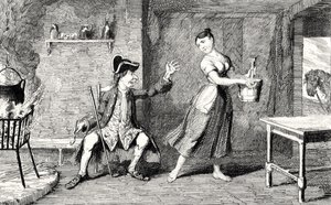 Jeannie Deans isänsä mökissä, piirros Sir Walter Scottin (1771-1832) teoksesta The Heart of Midlothian, julkaistu 1843 tekijältä George Cruikshank