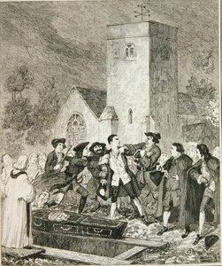 Jonathan Wild vangitsee Jackin äitinsä hautajaisissa Willesden Churchyardissa, kuvitus William Harrison Ainsworthin julkaisusta "Jack Sheppard: A Romance", julkaistu 1839 (etsaus) tekijältä George Cruikshank