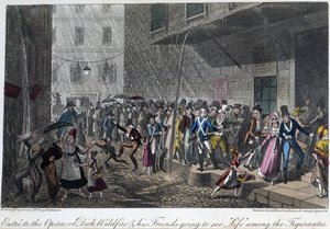 Pariisin oopperan sisäänkäynti - David Careyn "Elämä Pariisissa" -kirjassa, ill. kirjoittanut Georges Cruikshank, toim. Faiburn, Lontoo tekijältä George Cruikshank