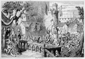 Naamio Lontoon Towerin palatsin puutarhassa, 1840. tekijältä George Cruikshank