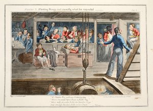 Mestari B, löytää asioita, jotka eivät ole aivan sitä, mitä hän odotti, pub. 1835 (käsin väritetty kaiverrus). tekijältä George Cruikshank