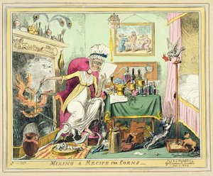 Maissireseptin sekoittaminen, julkaisija G. Humphrey, Lontoo, 4. joulukuuta 1822 (värillinen etsaus). tekijältä George Cruikshank