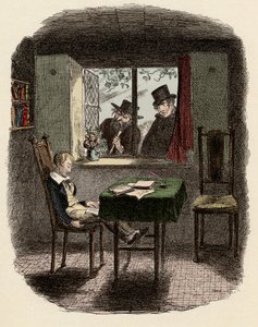 Munkit ja Fagin tarkkailemassa Oliveria nukkumassa Maylien kirjastossa - Munkit ja juutalainen - Kuvitus "" Oliver Twist"" (Oliver) (Oliver Twistin seikkailut), kirjoittanut Charles Dickens (1812-1870), kirjoittanut George Cruikshank (1792-1878) ) . tekijältä George Cruikshank
