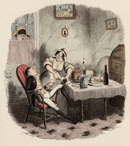 Monsieur Bumble tarkkailee Noe Claypolea ja Charlottea – herra Claypolea sellaisena kuin hän esiintyi, kun hänen isäntänsä oli poissa – Kuvitus "" Oliver Twist"" (Olivier) (Oliver Twistin seikkailut), kirjoittanut Charles Dickens (1812-1870), kirjoittanut  tekijältä George Cruikshank