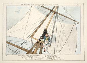 Mr. B. Mastheaded - tai nauttien raikkaasta ilmasta 304. kerran, teoksesta The Progress of a Midshipman, 1835 (käsinvärinen kaiverrus) tekijältä George Cruikshank