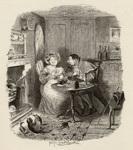 Herra Bumble ja rouva Corney juomassa teetä Charles Dickensin (1812-70) julkaisusta "Oliver Twistin seikkailut" 1838, julkaisija Chapman und Hall, 1901 tekijältä George Cruikshank