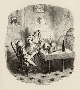 Mr Claypole sellaisena kuin hän esiintyi, kun hänen isäntänsä oli ulkona, Charles Dickensin (1812-70) "Oliver Twistin seikkailuista" 1838, julkaisija Chapman und Hall, 1901 tekijältä George Cruikshank