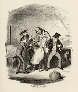 Fagin ja hänen oppilaansa toipumassa Nancysta Charles Dickensin (1812-70) 1838:n "Oliver Twistin seikkailuista", julkaisija Chapman und Hall, 1901 tekijältä George Cruikshank