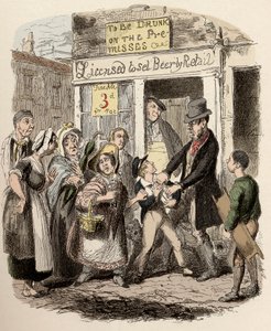 Nancy ja Sikes kidnappaavat Oliverin kaduilla - Oliver väittää hänen kiintyneiden ystäviensä mukaan - Kuvitus "" Oliver Twist"" (Olivier) (Oliver Twistin seikkailut), Charles Dickens (1812-1870), George Cruikshank (1792-1878) ) . tekijältä George Cruikshank