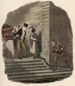 Noe Claypole vakoilee Mr. Brownlowin, Rose Maylien ja Nancyn välistä salaista tapaamista - Tapaaminen - Kuvitus "" Oliver Twist"" (Olivier) (Oliver Twistin seikkailut), kirjoittanut Charles Dickens (1812-1870), kirjoittanut George Cruikshank (1792-1878). tekijältä George Cruikshank
