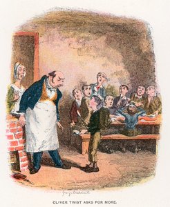 Oliver Asking for More, kuvitus Charles Dickensin "Oliver Twist" -kappaleeseen tekijältä George Cruikshank