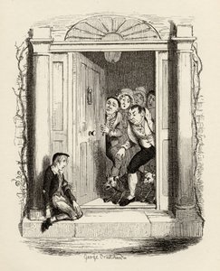 Oliver Twist rouva Maylien ovella, Charles Dickensin (1812-70) teoksesta Oliver Twistin seikkailut 1838, Chapman und Hall, 1901 tekijältä George Cruikshank
