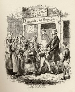 Oliver väittää hänen rakastavien ystäviensä mukaan Charles Dickensin (1812-70) julkaisusta Oliver Twistin seikkailut 1838, Chapman und Hall, 1901 tekijältä George Cruikshank