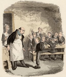 Oliver on suunniteltu pyytämään lisäruokaa nuorten lasten sairaalan valvojalta - Oliver pyytää lisää - Kuvitus "" Oliver Twist"" (Olivier) (Oliver Twistin seikkailut), kirjoittanut Charles Dickens (1812-1870), kirjoittanut George Cruikshank (1792 tekijältä George Cruikshank
