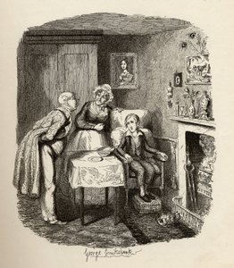 Oliver toipumassa kuumeesta, Charles Dickensin (1812-70) julkaisusta "Oliver Twistin seikkailut" 1838, julkaisija Chapman und Hall, 1901 tekijältä George Cruikshank