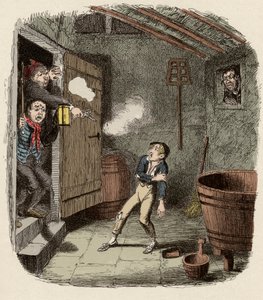 Oliver yllättyi ja haavoittui murtoyrityksen aikana - Murto - Kuvitus "" Oliver Twist"" (Olivier) (Oliver Twistin seikkailut) Charles Dickens (1812-1870), George Cruikshank (1792-1878). tekijältä George Cruikshank