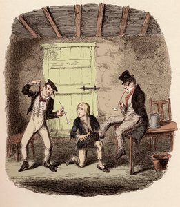 Oliver vahaa ketun kengät, kun taas Charley Bates selittää roikkumisen vaaroja - Mestari Bates selittää ammattitaidon - Kuvitus "Oliver Twist" (Olivier) (Oliver Twistin seikkailut), kirjoittanut Charles Dickens (1812-1870), kirjoittanut George Crui tekijältä George Cruikshank