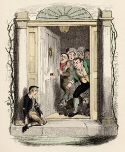 Oliverin haavat ja väsymys pyytää apua - Oliver Twist Mrs Mayliesin ovella - Kuvitus "" Oliver Twist"" (Olivier) (Oliver Twistin seikkailut), kirjoittanut Charles Dickens (1812-1870), kirjoittanut George Cruikshank (1792-1878) . tekijältä George Cruikshank