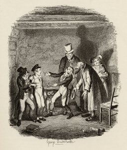 Oliverin vastaanotto Faginilta ja pojilta, Charles Dickensin (1812-70) "Oliver Twistin seikkailuista" 1838, julkaissut Chapman und Hall, 1901 tekijältä George Cruikshank