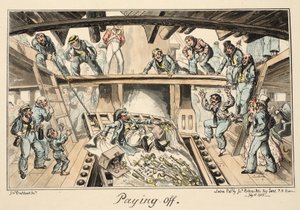 Paying Off, Greenwichin sairaalasta, sarja merivoimien luonnoksia, jotka kuvaavat sotamiehen elämää, pub. 1826 (käsin väritetty kaiverrus). tekijältä George Cruikshank