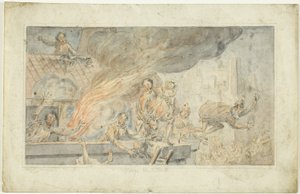 Ihmiset pakenevat palavasta rakennuksesta tekijältä George Cruikshank