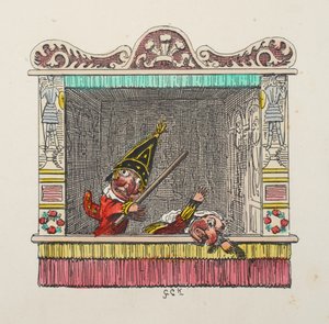 Punch ja Judy Punch and Judy -pubista. 1827 (käsinvärinen kaiverrus) tekijältä George Cruikshank