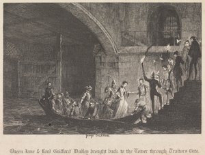 Queen Jane ja Lord Guilford Dudley tuotiin takaisin torniin Traitors Gaten kautta tekijältä George Cruikshank